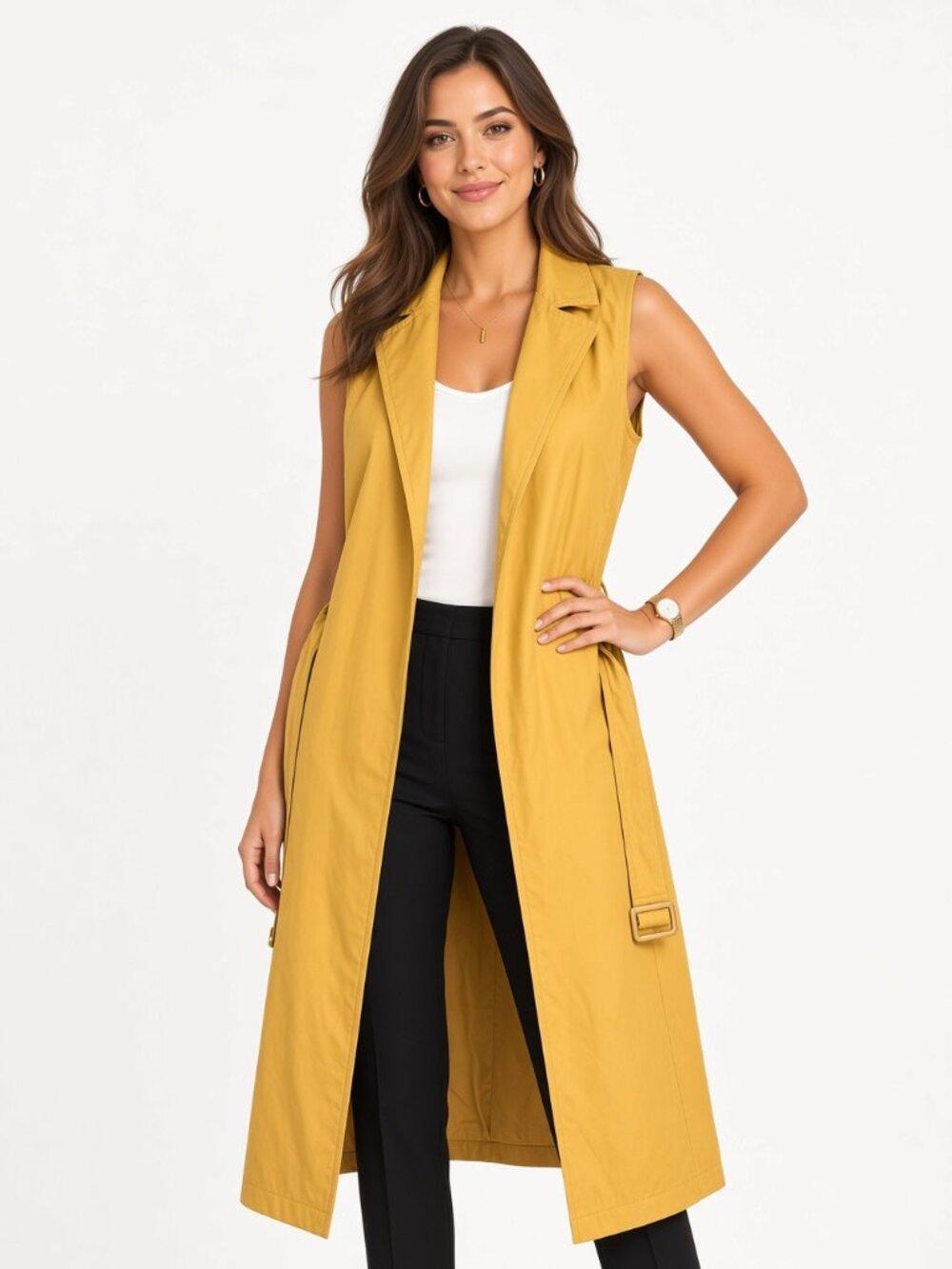 A New Day Mustard Sleeveless Belted Trench Dress Vest